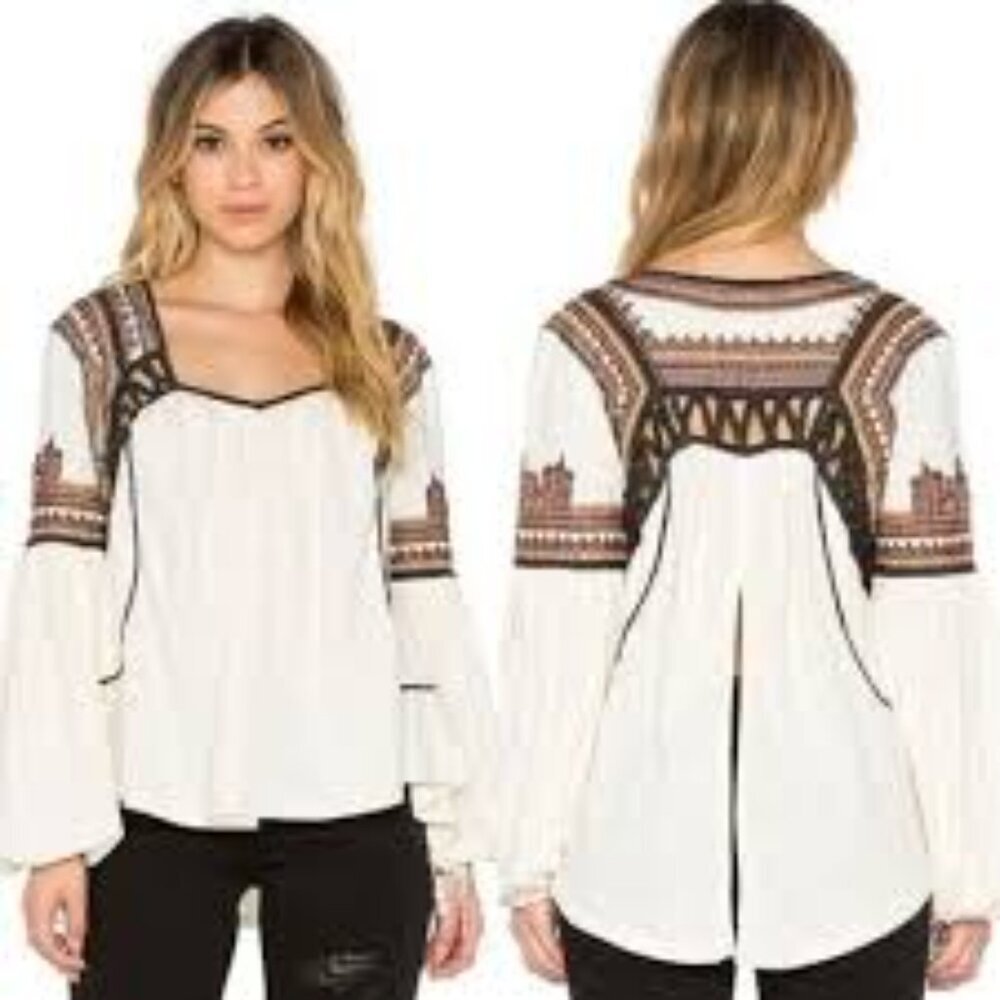Free People White Boho Embroidered Peasant Blouse